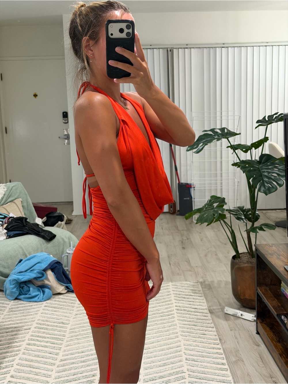 Oh Polly Red-Orange Halter Cowl Mini Dress - Picture 2 of 4
